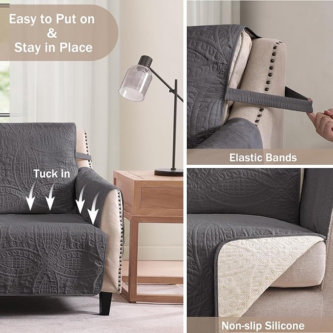 Quilted Grand Sofa Covers Washable, Couch Cover for Grand Sofa, Soft Cozy Couch Protector for 4 Cushion Couch, Oversized Grand Sofa Slipcovers Water-Repellent (Grand Sofa 88", Gray)