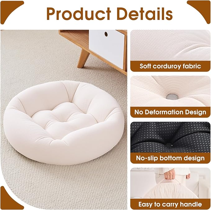 2Pcs Floor Pillows for Adults, 22x22 Inch Meditation Cushions, Large Round Sitting Cushion Living Room Memory Foam Pillow for Sitting (1, Beige, 22x22x4 Inch)