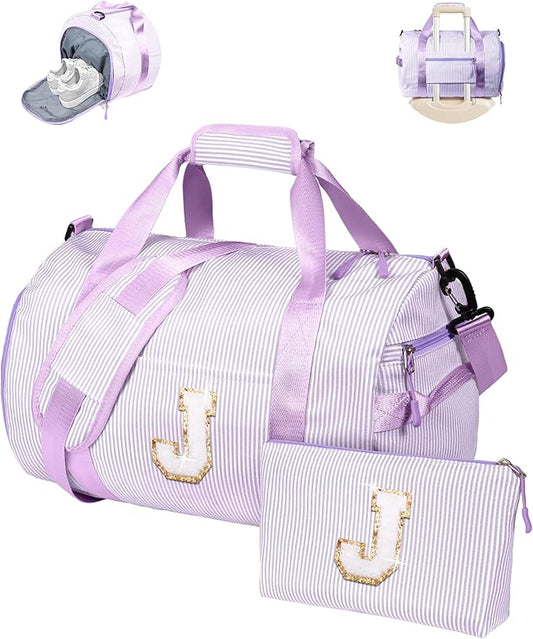 Birthday Gifts for Granddaughter, Girls Travel Duffle Bag, Kids Initial Overnight Duffel Bags with Shoe Compartment, Personalized Dance Bag with Cosmetic Pouch, Purple Gift (Letter J)