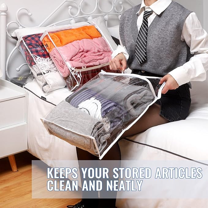 6 Packs Clear Zippered Storage Bags Sweater Moth Bags Plastic Storage for Blankets Clothes Bed Sheet Organizer with Zipper for Closet Linen Sweater Bed Sheet Clothes Pillow(16 x 14 x 4 Inch)