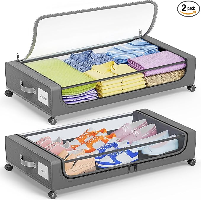 Camkey® Under Bed Storage with 360° Wheels, 2-Pack, 60L Low-Profile Rolling Underbed Bins for Clothes, Shoes, Toys & Books — Easy Pull-Out, Dust Protection, Space-Saving Organizer for Bedroom/Dorm