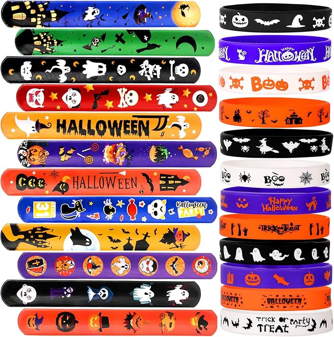Garma 48Pcs Halloween Slap Bracelets Rubber Wristbands for Halloween Party favors, Kids Girls Boys Toddlers Halloween Gifts