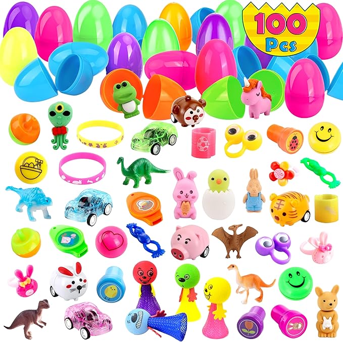 KASU 100 Pcs Prefilled Easter Eggs with Toys Inside Premium for Easter Theme Party Favor, Easter Eggs Hunt, Easter Basket Stuffers/Fillers, Classroom Prize Supplies