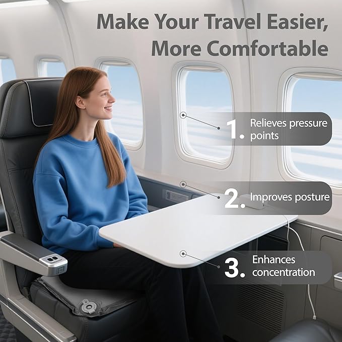 Inflatable Seat Cushion, Self-Inflating Memory Foam Airplane Seat Cushion Portable Camping Sitting Pad for Travel Stadium Car Bleachers Outdoors Office,Lightweight,Supports Back Comfort (Grey)