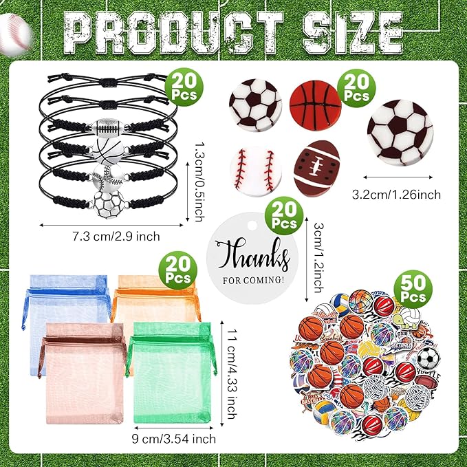 Libima 150 Pcs Sport Party Favors Set Include 20 Charm Bracelet 20 Keychains 20 Organza Goodie Bag 20 Sports Erasers 50 Stickers 20 Thanks for Coming Tags for Birthday Party Gift, 4 Styles