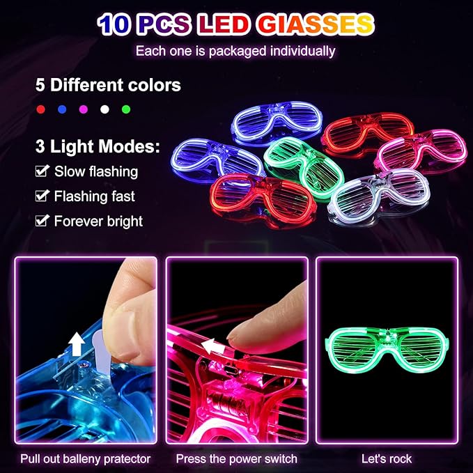 180 PCS Glow in The Dark Party Pack, Light Up Toy Party Supplies with 100 Glow Sticks Bulk, 10 LED Flashing Glasses, 10 Fidget Spinner Bracelets, 10 Fiber Optic Hair, 50 Finger Lights Favors for Kids
