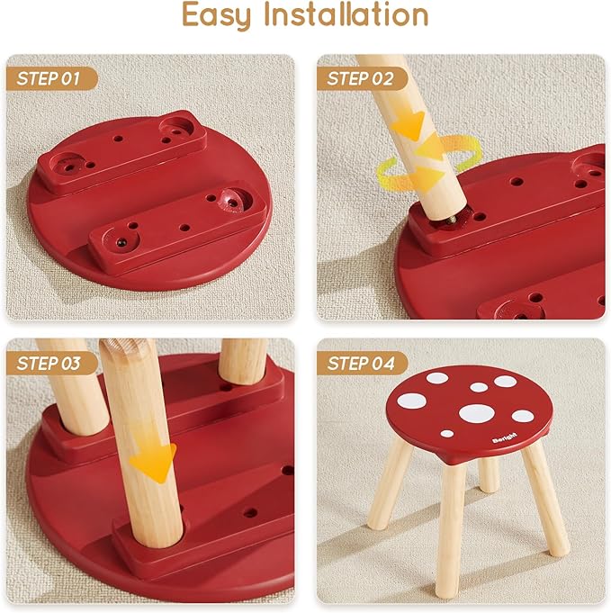 Beright Wooden Step Stool for Kids, Children's Stool Perfect Matched Sensory Table, 9 Inch Sturdy Sitting Stool with Assembled Four-Legged, Mushroom, 2 Pack