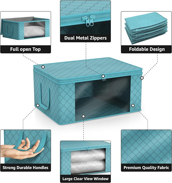 Sorbus Medium Clothes Storage Bags - Foldable Blanket Storage Bins for Organizing Bedroom, Closet, Clothing, Comforter, Organization with Clear Window, Lids and Carry Handles - Set of 6