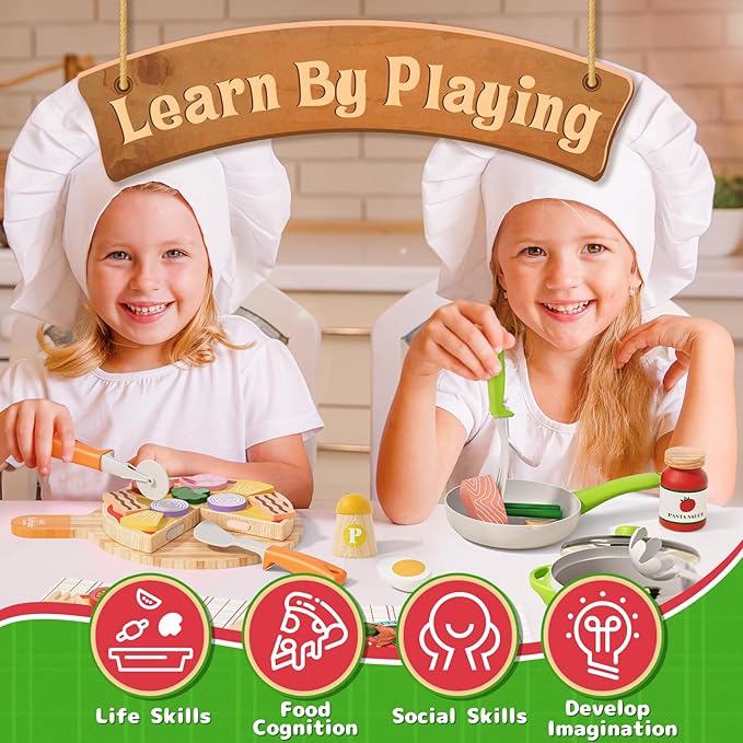 Lehoo Castle Play Food Sets for Kids Kitchen, Wooden Toys Play Kitchen Accessories with Pot and Pan, Pizza Toy Pretend Play for Toddlers 3-5, Realistic Pasta Felt Play Food Set, 3 Year Old Girl Gift