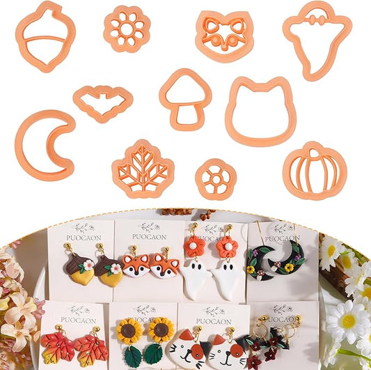 Puocaon Polymer Clay Cutters - 11 Pcs Maple Leaves Clay Cutters for Jewelry Making, Cat Fox Shape Clay Earring Cutters, Polymer Clay Earrings Making, Acorn Pumpkin Autumn Fruit Clay Earrings Studs