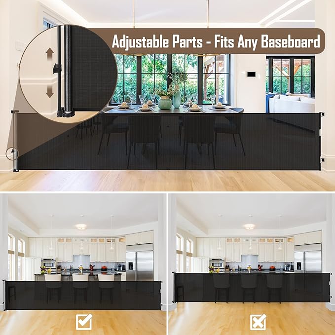 185 Inch Extra Long Baby Gates for Large Openings, Retractable Baby Gates Extra Wide Retractable Dog Gate Outdoor Retractable Gate Indoor Extra Large Baby Gate, Mesh Gates for Kids Or Pets, Black