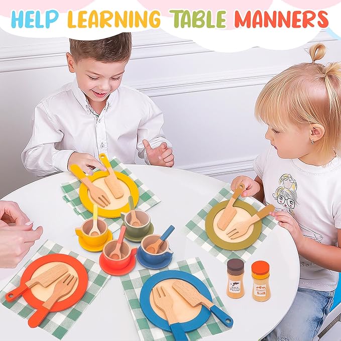 30 PCS Wooden Play Dishes and Plates for Kids, Montessori Wooden Kitchen Accessories Tableware Set Toys for Toddler Gifts, Pretend Play Food Sets for Children Birthday 3 4 5 6 Boys Girls