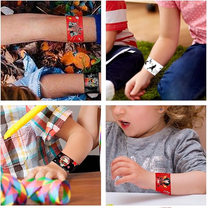 48PCS Rock and Roll Party Favors Slap Bracelets Wristbands Rock Star Party Decorations Supplies for 80s 90s Born to Rock Rock Fake Musician Guitar Rap Theme Party