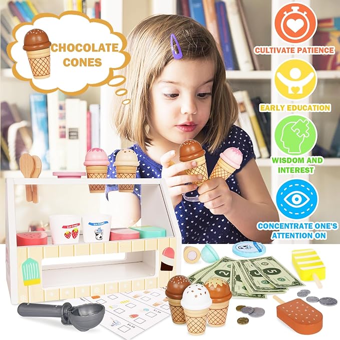Ice Cream Counter Playset for Kids, Montessori Pretend Play Food Toys Kitchen Accessories Wooden Popsicle Set with Scoop & Fake Cash,Ice Cream Shop Toys Toddler Learning Toy for Kids