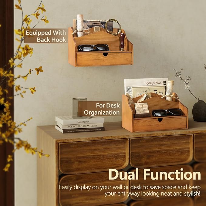 Pine Wood Mail Organizer For Desk - Rustic Mail Sorter With Drawer & Dividers 4-Slot Letter Sorter For File And Jewelry - Wooden Letter Holder For Desk Organization & Home Office Decor (Yellow)