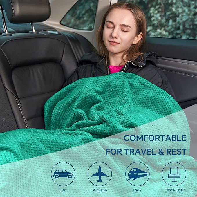 BEDELITE Travel Blanket with Bag, Ultra-Soft Jacquard Fleece Blanket with Luggage Sleeve & Backpack Clip, Airplane Blanket Travel Essentials, Teal