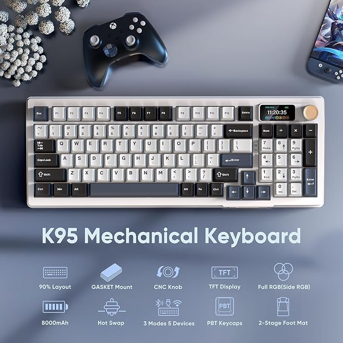 RedThunder K95 Wireless Mechanical Keyboard, TFT Screen & Knob, Tri-Mode BT5.0/2.4GHz/USB-C Hot Swappable Custom, Pre-lubed Linear Switches, Gasket Structure, RGB Gaming Keyboard, Snowy White-Blue