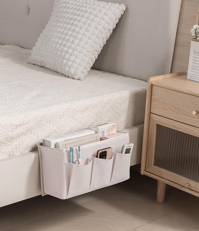 Bedside Caddy / Bedside Storage Organizer Hanging Bag with Three Options,Suitable for home beds, sofas, and dormitory beds—can hold magazines, books, phones, iPads, remote controls. (White)