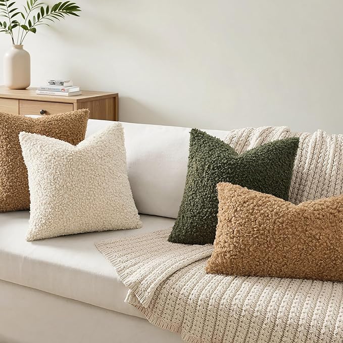 Woaboy Faux Fur Throw Pillow Covers 18x18 Inch Set of 2 Boucle Neutral Decorative Sherpa Fuzzy Accent Soft Sheepskin Fleece Cushions Modern Home Decor for Couch Sofa Bedroom Living Room,Olive Green