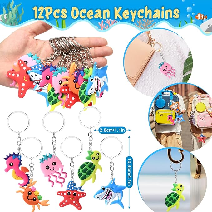 12Sets Under the Sea Party Favors Birthday Supplies, Sea Animal Drawstring Bags Silicone Bracelets Keychains Tattoo Stickers Pinata Filler Goodie Bag Stuffers, Ocean Themed Party Favors Supplies