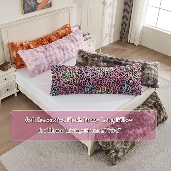 20x54 Fluffy Leopard Print Full Body Pillow,Cheetah Print Plush Fuzzy Faux Fur Body Pillows,Ultra Soft Bed and Sofa Pillow for Side Sleeper & Pregnancy,Furry Long Pillows-Rainbow Leopard