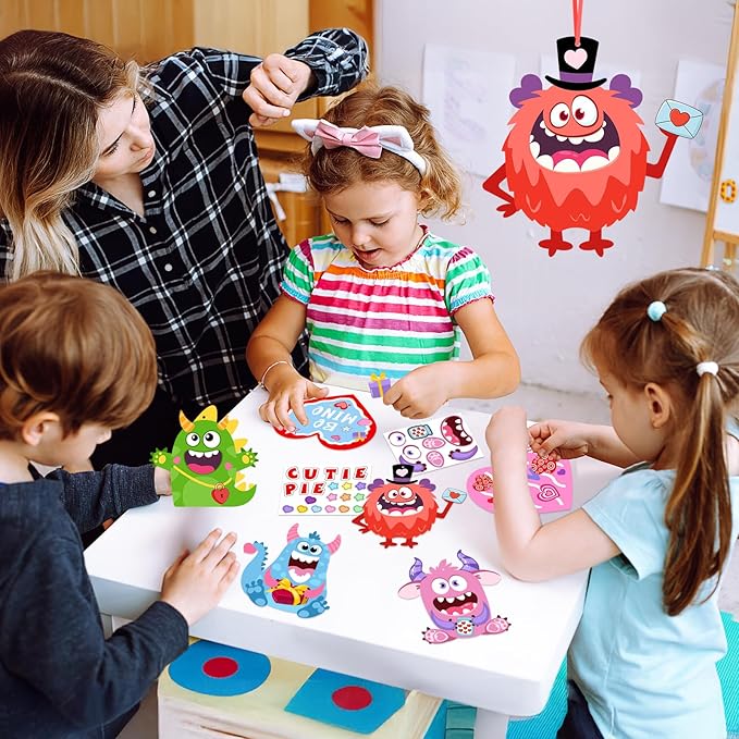 45 Pack 24 Sets Valentine's Day Craft Kits for Kids, DIY Craft Ornament Valentine Class Game Activities Paper Craft Hanging Ornament Valentine's Day Decoration Preschool Home Valentine's Monster Craft