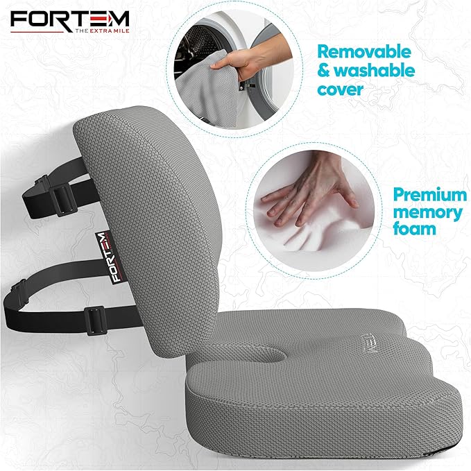 FORTEM Seat Cushion, Office Chair Cushion, Lumbar Support Pillow for Office Chair, Memory Foam Sciatica Coccyx Tailbone Pressure Pain Relief, Car Sitting Pad, Washable Non Slip