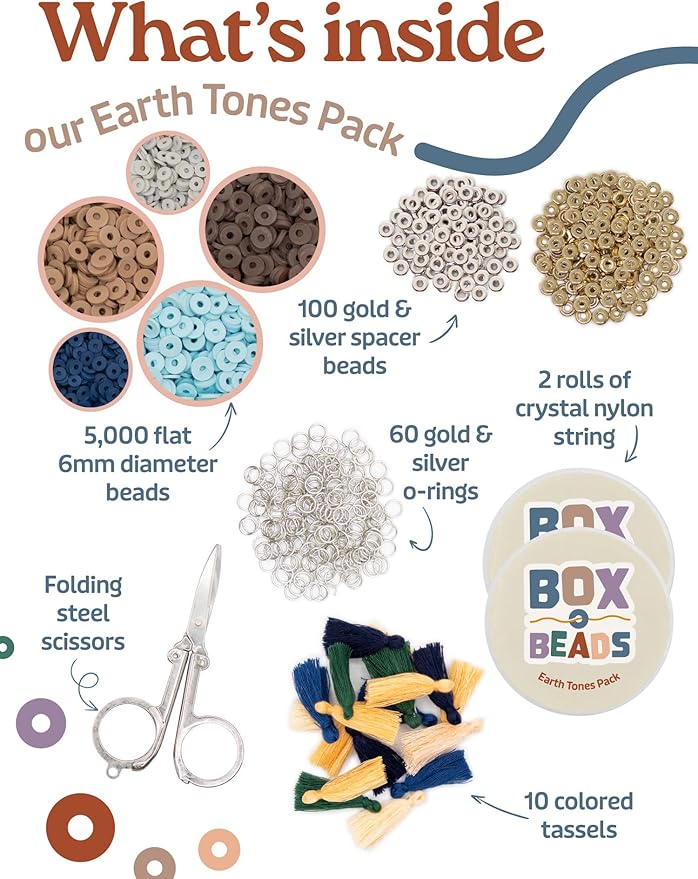 Box-O-Beads, 6000 pcs Polymer Clay Heishi Beads for Bracelet & Jewelry Making, DIY Bracelet Making Kit for Kids & Teens Ages 8-12, 24 Earth Tone Colors, 6mm Beads