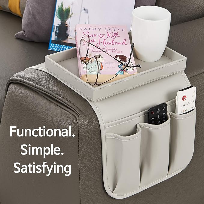 Couch Remote Caddy Control Holder Sofa Synthetic PU Leather Organizer with Detachable Tray for Recliner Chair Armrests with 4 Slots - 1 Large Pockets and 3 Small Pockets (Grey)