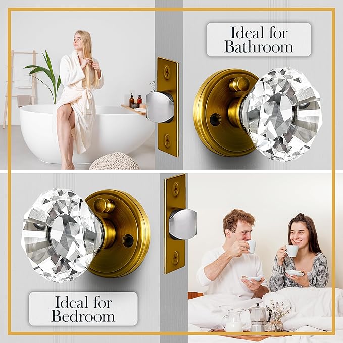 Gold Crystal Door Knobs with Lock, Glass Door Knobs Interior Privacy Set, Brass Vintage Decorative Antique Style Handle for Bedroom, Bathroom, Closet, 2 Pack