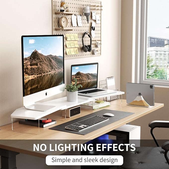AFOOYO LED Dual Monitor Stand Riser for 2 Monitors, Office Desktop Wooden Stand Adjustable Length and Angle 3 Shelf, Extra Long Multifunctional Stand up to 44.4" for Computer, Laptop, TV, White
