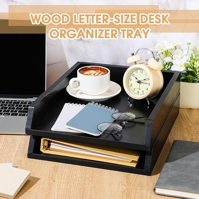 DoubleFill 4 Pcs Wooden Letter Trays Wood Letter-Size Desk Organizer Heavy Duty 2 Tier Stackable Supports Paper Tray Desktop Drawer Organizer File Folder Magazine Office Accessories (Black)