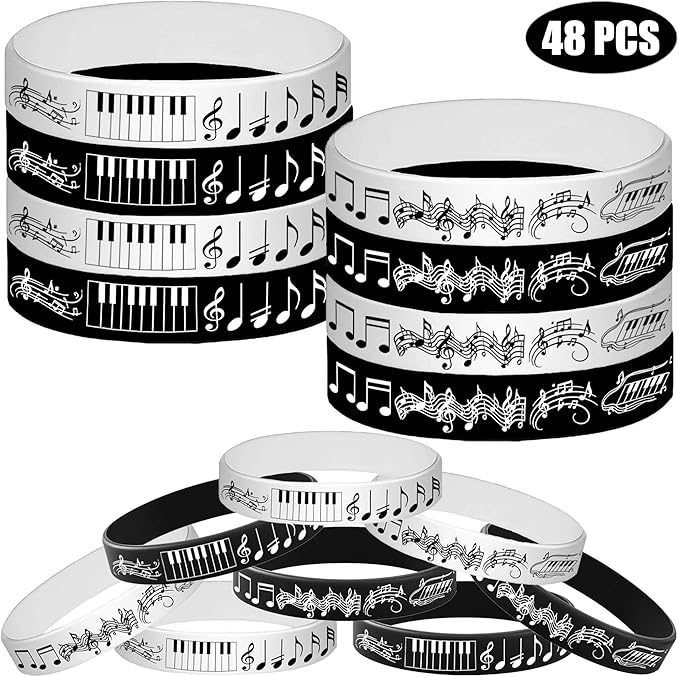 48PCS Piano Notes Rubber Bracelets Silicone Wristbands Party Favors-Choir Music Prize Candy Party Decorations Birthday Baby Shower Party Favors