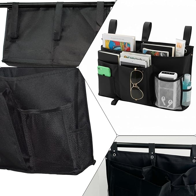 Bedside Organizer, Durable Bunk Bed Caddy, Multi-Pocket Hanging Storage Bag for College Dorm, Home, Hospital and Baby Stroller, Easy Installation, Metal Rivets Added, Oxford Fabric (Black)