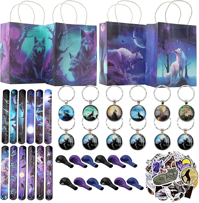 98 pcs Halloween Wolf Party Favors For Kids -Wolf Birthday Party Favors with Wolf Storage Bag Balloons Keychains Clapping Wristbands and Wolf Stickers for Wolf Party Decorations and Halloween