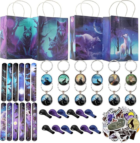 98 pcs Halloween Wolf Party Favors For Kids -Wolf Birthday Party Favors with Wolf Storage Bag Balloons Keychains Clapping Wristbands and Wolf Stickers for Wolf Party Decorations and Halloween