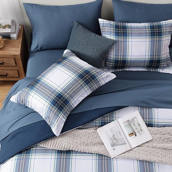 MaiRêve Queen Size Plaid Comforter Set Blue White, Classic 7 Pieces Farmhouse Bedding Set, All Season Lightweight Bed in A Bag with Sheets, Pillowcases & Shams