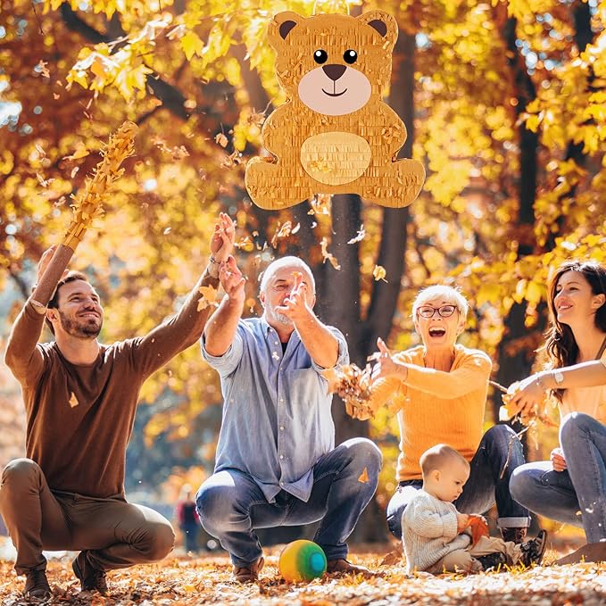 Lewtemi 14.5 Inch Bear Piñata Bear Themed Birthday Party Supplies Animal Piñata with Wood Bat Stick, Paper Blindfold and Confetti for Valentine's Day Baby Shower Party Decor Kid Adult Boy Girl