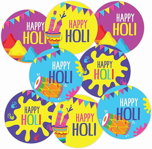 Happy Holi Stickers, 40 Pieces, 2 inches, Round, 4 Unique Designs