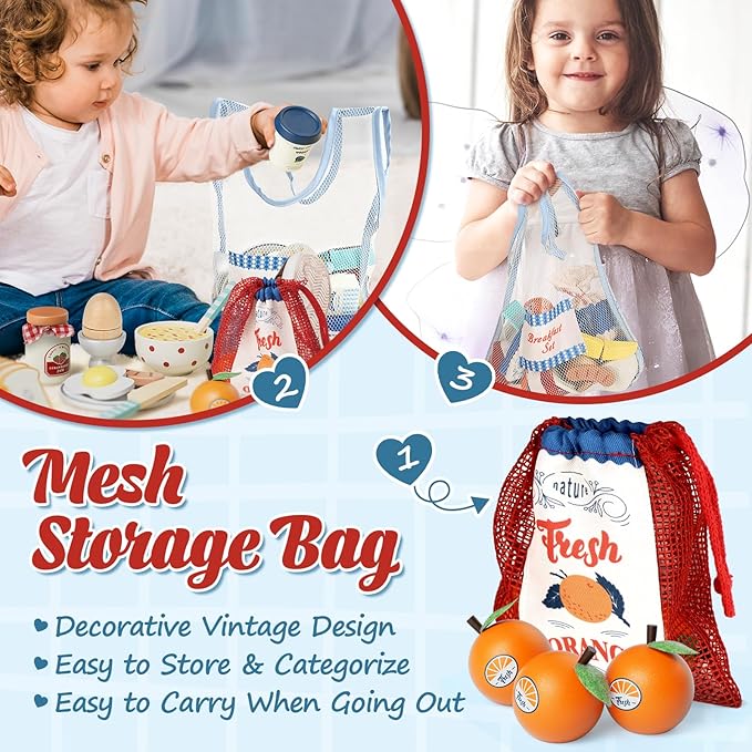 Lehoo Castle Play Food Sets for Kids Kitchen, Wooden Toys Play Kitchen Accessories, Fake Food Pretend Play for Toddlers 3-5, Realistic Food Playset Cutting Fruit Bread Egg Bag, 3 Year Old Girl Gift