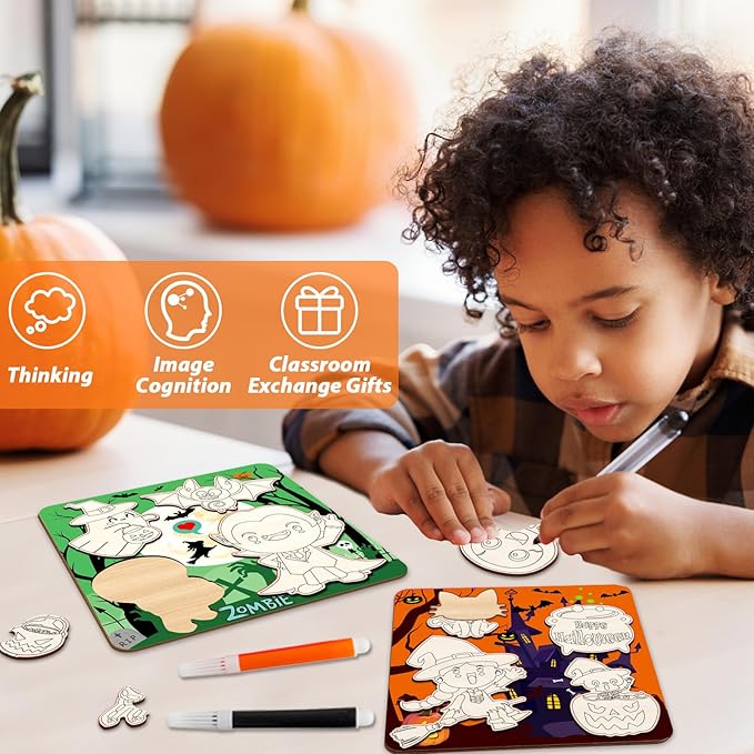 Halloween Wooden Puzzles for Toddlers Halloween Puzzles Coloring Craft Kits for Kids Boys Girls Montessori Toys Halloween Party Favors Treat Bag Gifts Educational Learning Jigsaw Puzzle, 3 Pack