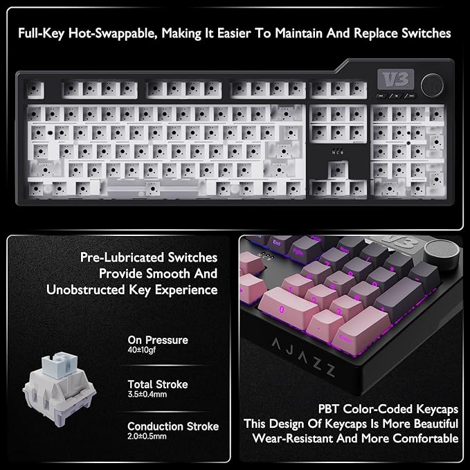 AK35I V3 104-Key Full Size Wired Gasket Mount Gaming Keyboard with Multimedia Buttons & Knob Control | Five Layer Pad | OEM Profile PBT Keycaps | White Backlit Custom Keyboard