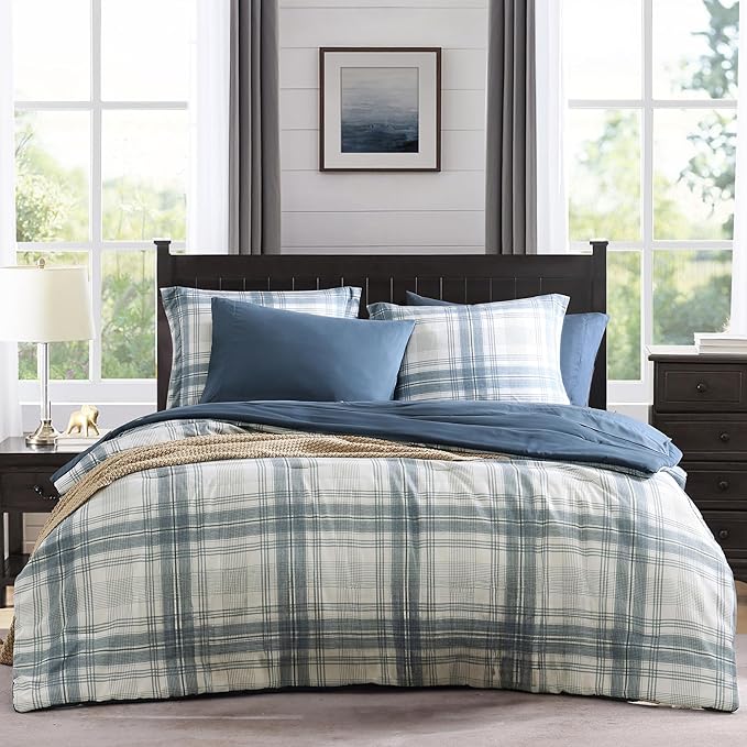 MaiRêve Plaid Twin XL Comforter Set, Blue Grey Grid Bedding Set for Boys & Girls, Classic Checkered Bed in A Bag Comforter Sets with Fitted & Flat Sheet, Pillowcase & Sham(Blue Grey, 66"x90")