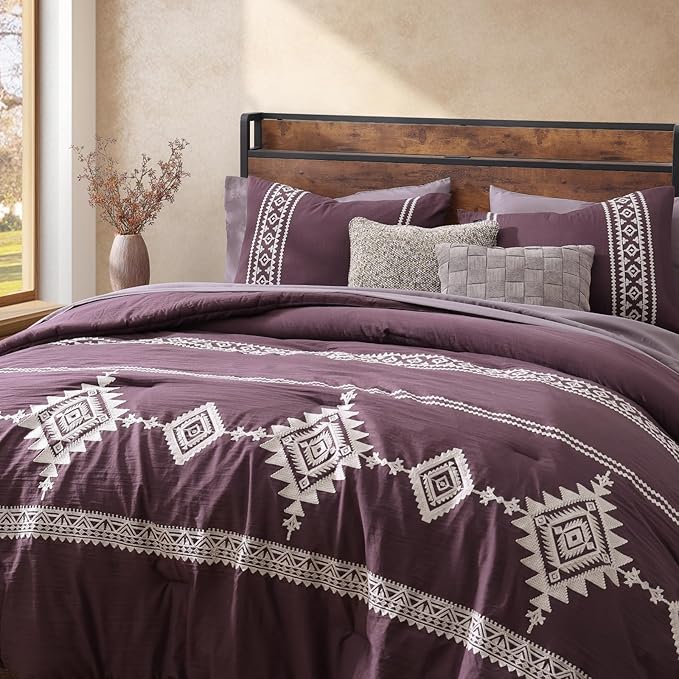 MaiRêve Embroidery King Size Comforter Set Purple, Boho Farmhouse Western Bedding Set 7 Pieces, All Season Bed in A Bag Comforter Set with Sheets, Pillowcases & Shams