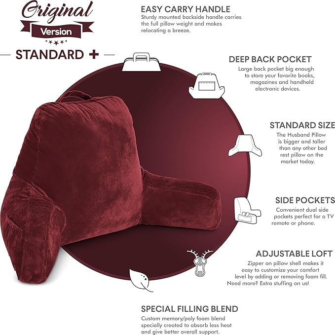 Husband Pillow Maroon, Original Reading Pillow in Bed Rest Chair, Shredded Memory Foam Large Lounge Cushion Adult Backrest with Arms, Comfy Back Support for Sit Sitting Up, Washable/Removable Cover