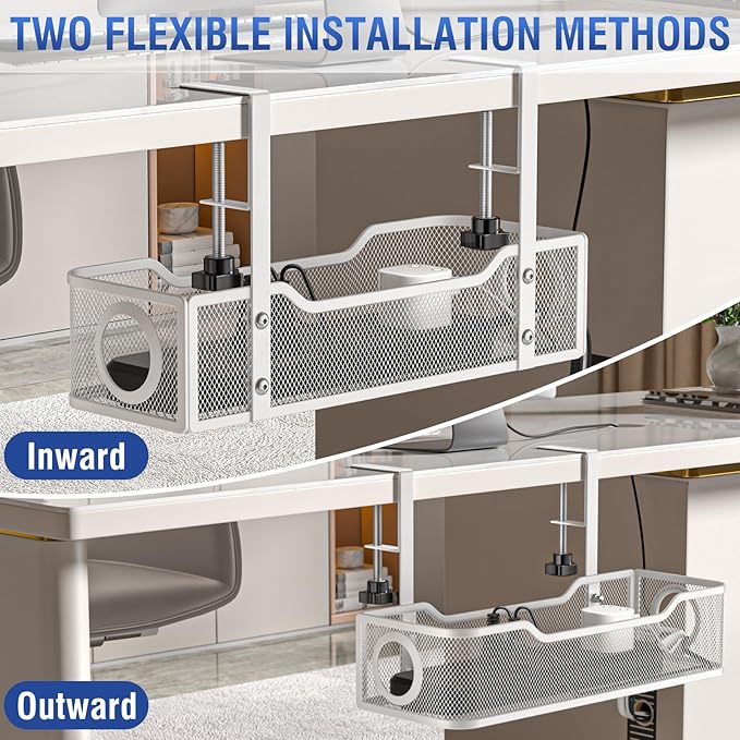 Under Desk Cable Management Tray - GZOKMOG No Drill Cord Organizer with Clamp, Workspace Organizers for Cords, Metal Mesh Wire Management for Home and Office, 1 Pack White, 13.38 inch