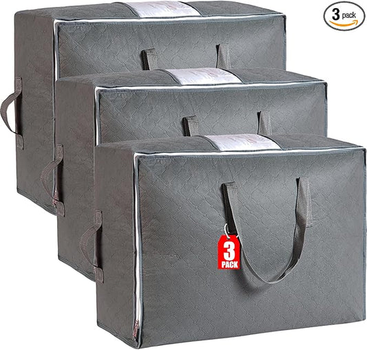 105L Extra Large Storage Bags for Blankets, King Comforters, Bedding, Clothes, Pillows, Sheets - Closet Organizers and Storage with 4 Handles & Clear Window, Foldable & Breathable (Grey, 3pack)