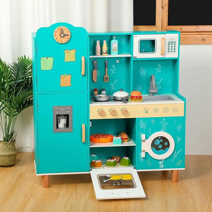 Bruvoalon Wooden Play Kitchen Toy Set for Kids, with Realistic Design, Sink with Faucet, Oven, Microwave, Utensils, Kitchenware Play Food Set Accessories, Birthday Gifts for Toddlers Boys Girl (Green)