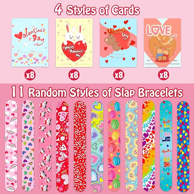 Leesgel 32pcs Valentines Cards for Kids Classroom, Valentines Day Surprise for Kids School with Toys Slap Bracelets, Class Valentines Cards Bulk for Party Favors Supplies