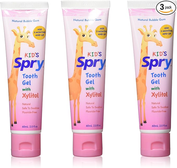 Spry Xylitol Baby Toothpaste, Natural Toddler Toothpaste, Fluoride Free Toothpaste for Kids, Xylitol Toothpaste for Kids Age 3 Months and Up, Tooth Gel Bubble Gum 2 Fl Oz (Pack of 3)